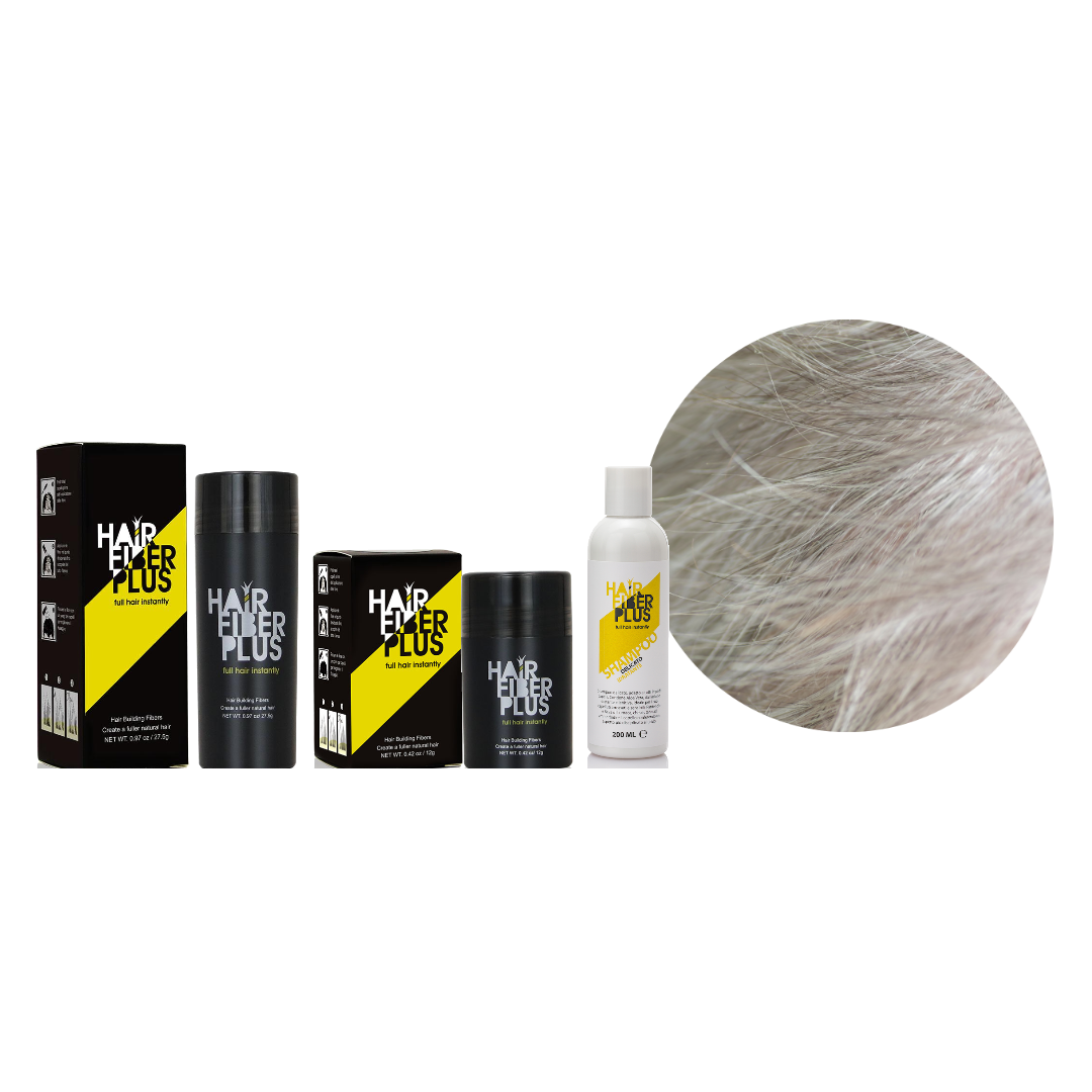 Kit Casa & Viaggio HairFiberPlus Grigio – fibre 27,5g, fibre 12g e shampoo