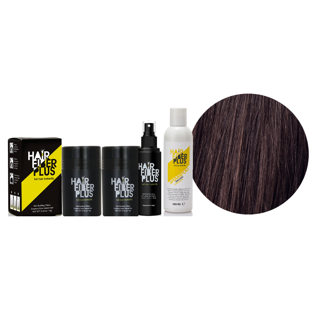 Scorta 12g Duo HairFiberPlus Castano Scuro – 2 flaconi fibre 12g, fissante spray e shampoo