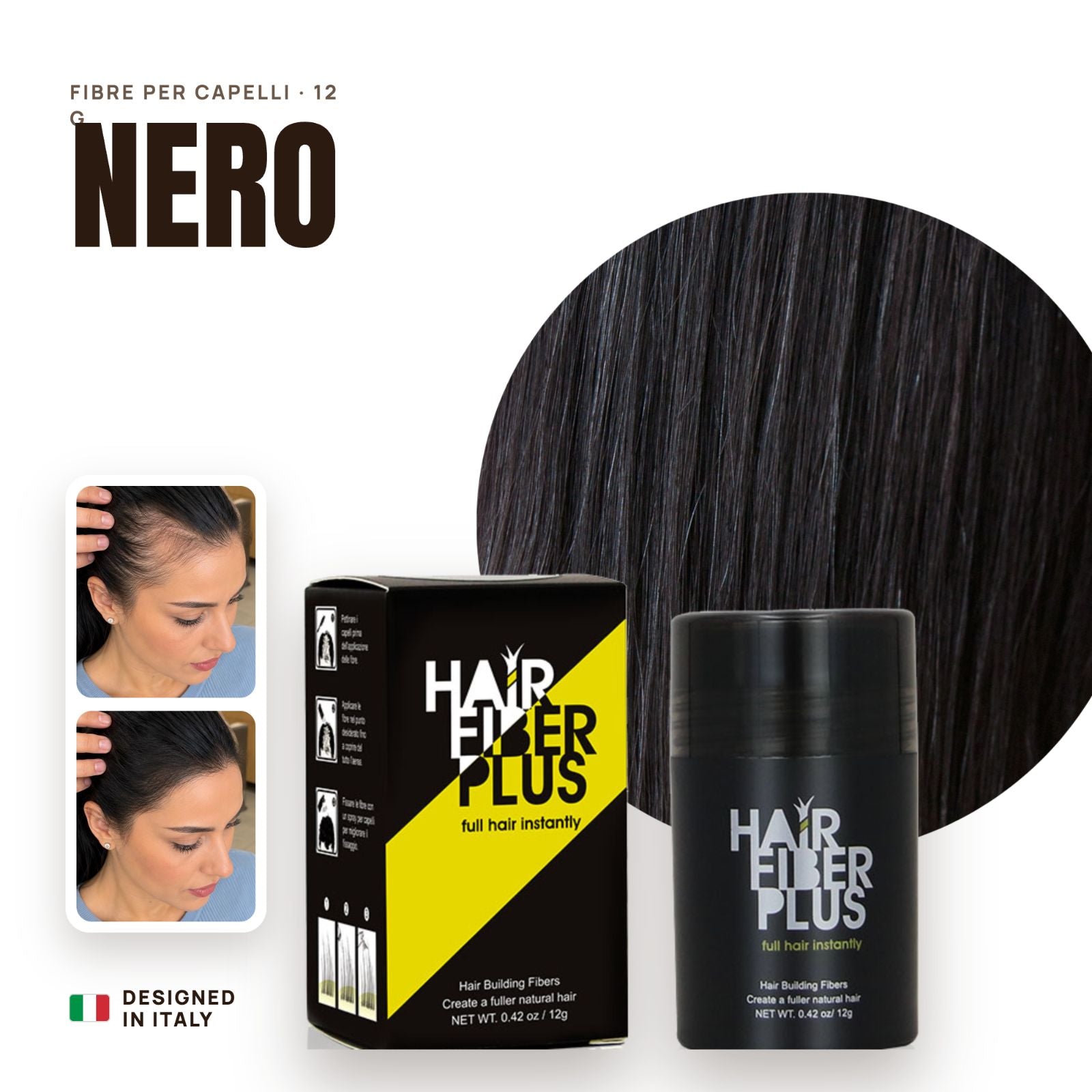 Fibre di cotone HairFiberPlus Nero 12g – copri diradamento capelli donna