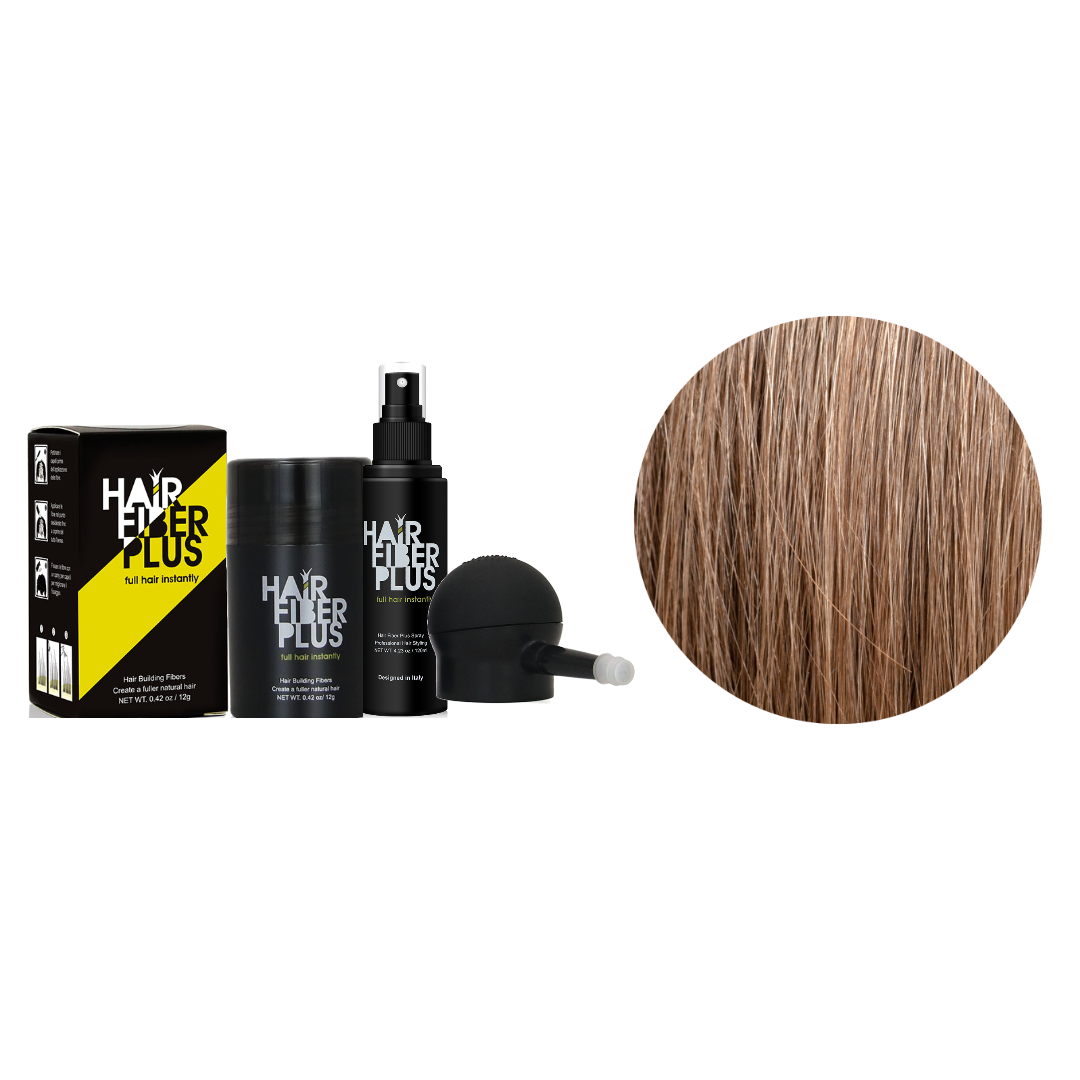 Kit Completo HairFiberPlus Castano Chiaro – fibre di cotone 12g, spruzzino di precisione e fissante spray