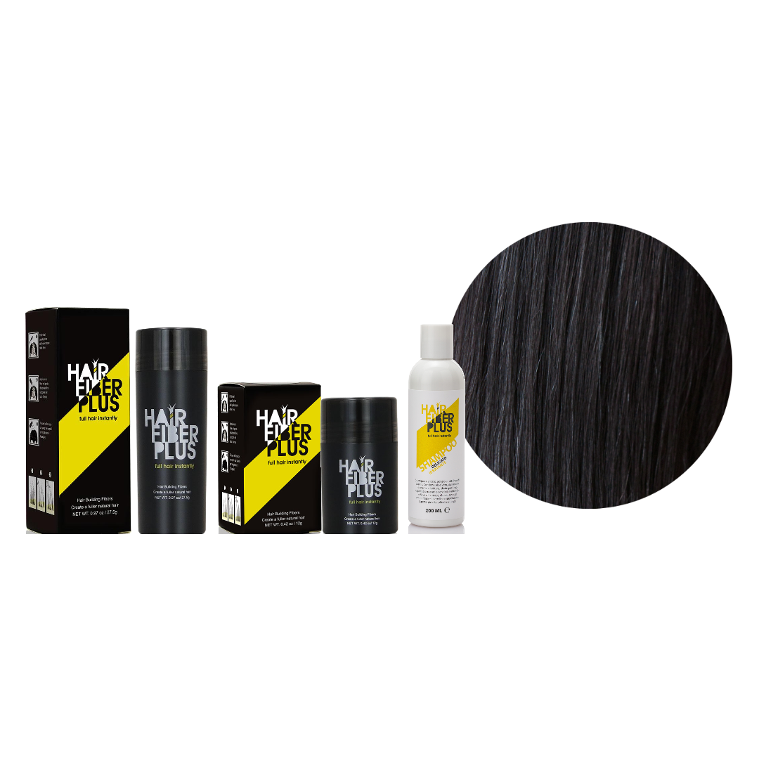Kit Casa & Viaggio HairFiberPlus Nero – fibre 27,5g, fibre 12g e shampoo