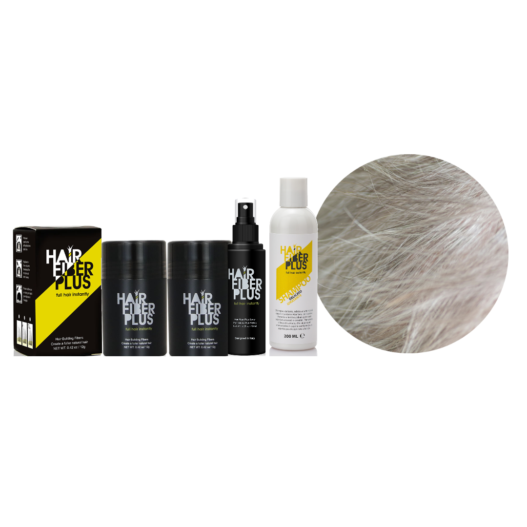 Scorta 12g Duo HairFiberPlus Grigio – 2 flaconi fibre 12g, fissante spray e shampoo