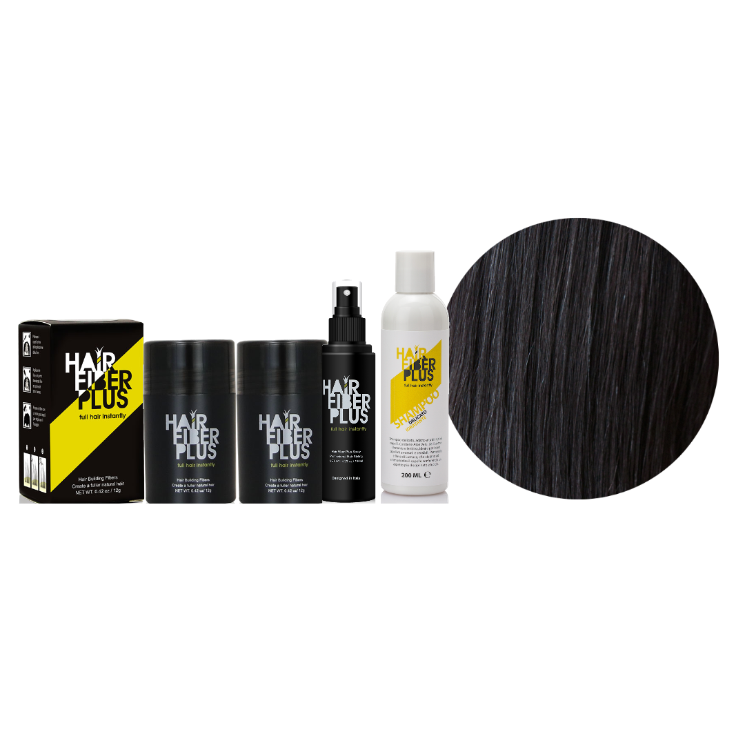 Scorta 12g Duo HairFiberPlus Nero – 2 flaconi fibre 12g, fissante spray e shampoo